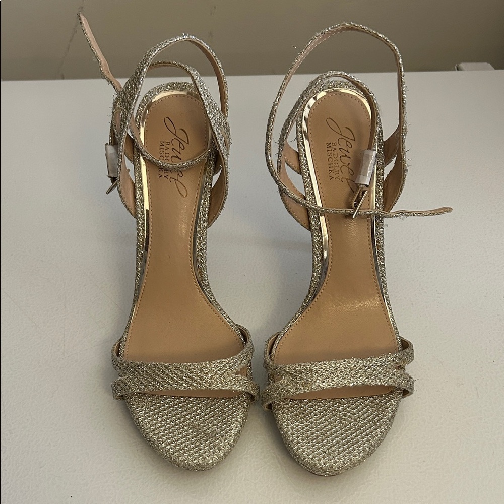 Jewel Badgley Mischka Metallic Gold Braided Strap Heels